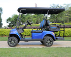 A blue four-seat golf cart with a black roof canopy and black trim, parked on a paved path in a grassy, landscaped outdoor area.